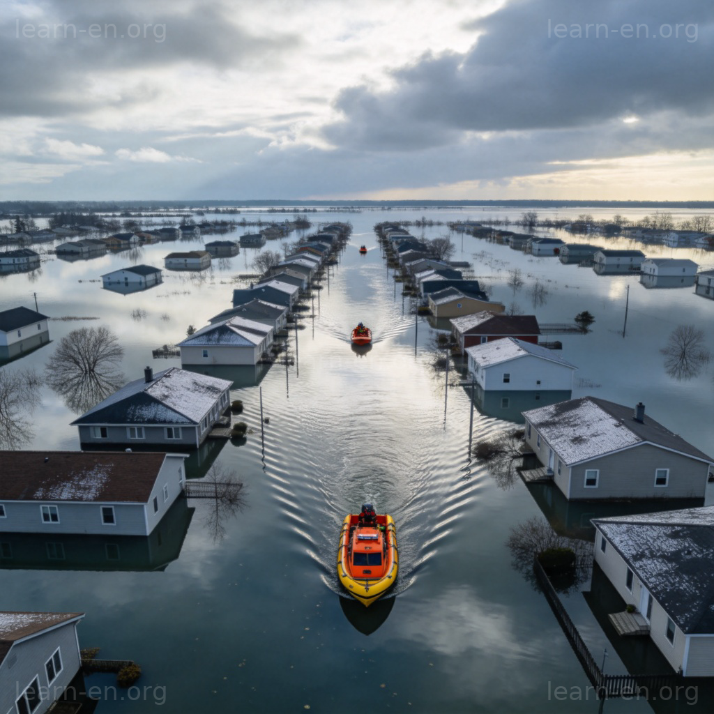 disaster area 灾区图解：洪水淹没城镇的航拍救援场景