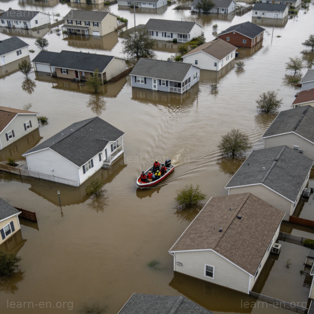 disaster 灾难场景图解：洪水淹没街道与救援行动