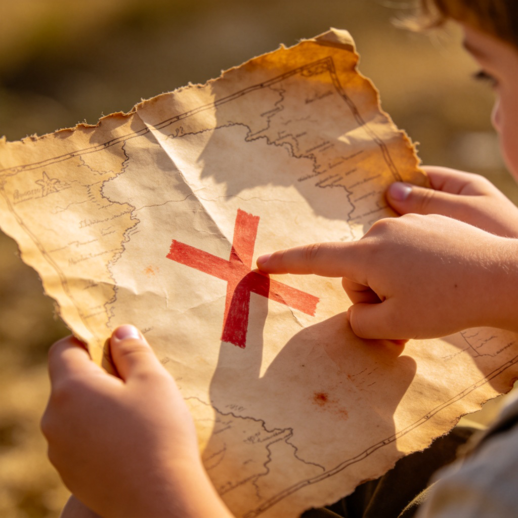 A close-up of a child's hands holding an old, worn treasure map. One finger is pointing excitedly at a large red 'X' marked on the map. The scene is warm and inviting, with a sense of adventure and curiosity. No text in the image.