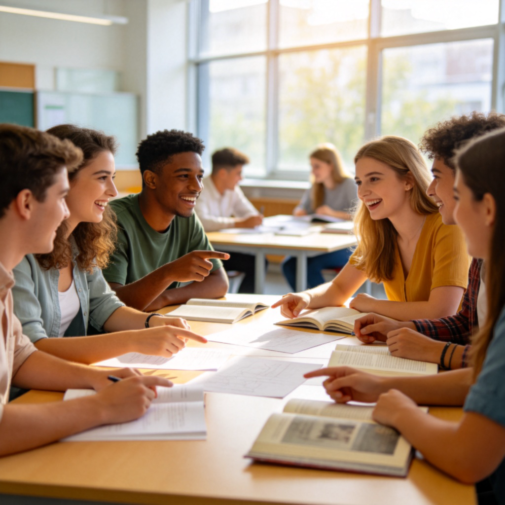 A diverse group of students sitting in a bright, modern classroom around a large table. They are engaged in a lively conversation, with some pointing at papers or books on the table. Natural sunlight from a window, focus on their friendly expressions and interactive gestures. No text or logos in the scene.