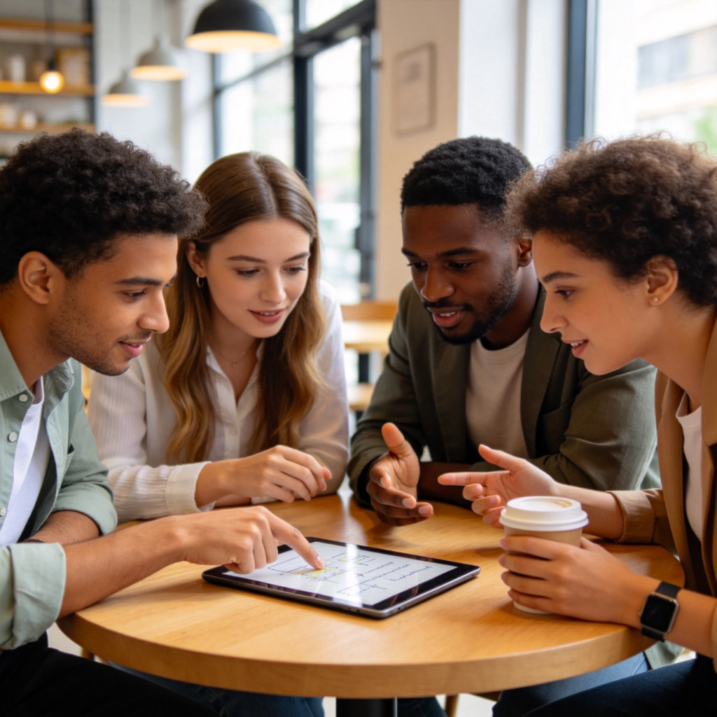 A small group of four diverse people, sitting around a wooden table in a bright, modern cafe. They are leaning forward, making eye contact and using hand gestures as they talk. One person points to notes on a tablet, another holds a coffee cup. The atmosphere is focused and friendly. Photorealistic style, soft natural light, focus on the people and their interaction. No text or logos.