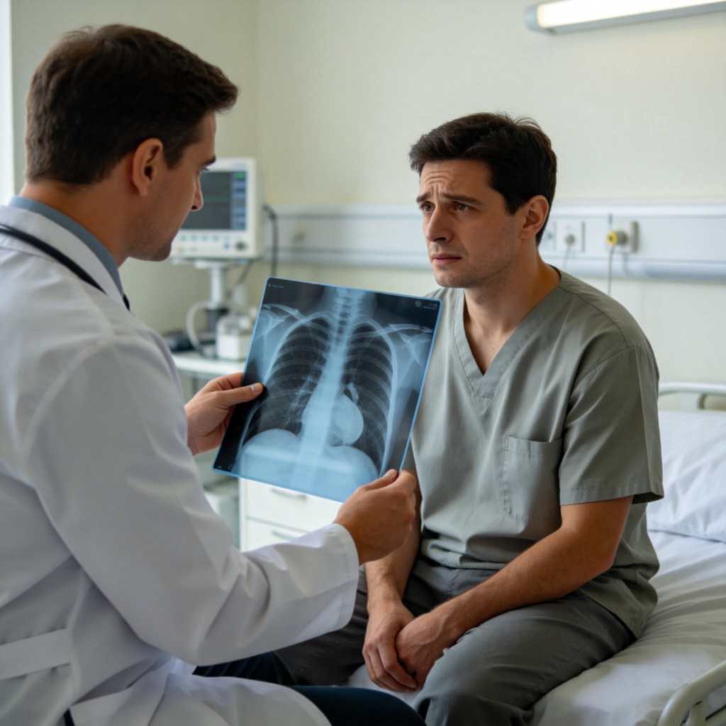 A realistic photo in a hospital room. A doctor in a white coat is gently showing an X-ray film to a concerned patient sitting on the bed. The X-ray clearly shows the outline of lungs or a heart. Soft, even lighting, focused on the interaction and the X-ray. No text or logos.