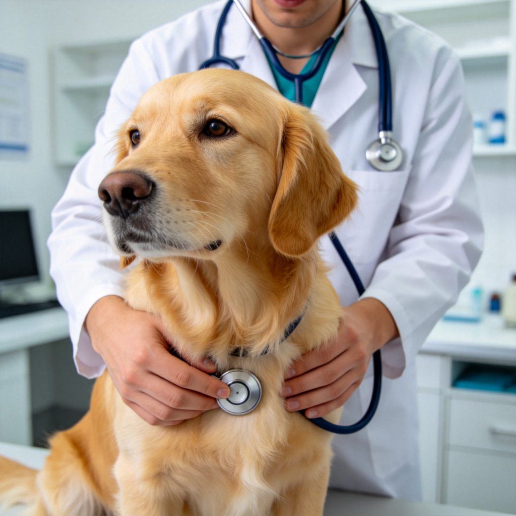 A close-up, clear photograph of a veterinarian in a clinic examining a golden retriever. The vet is using a stethoscope on the dog's chest, and the dog looks calm. Bright, clean lighting on the scene, focusing on the caring action. No text.