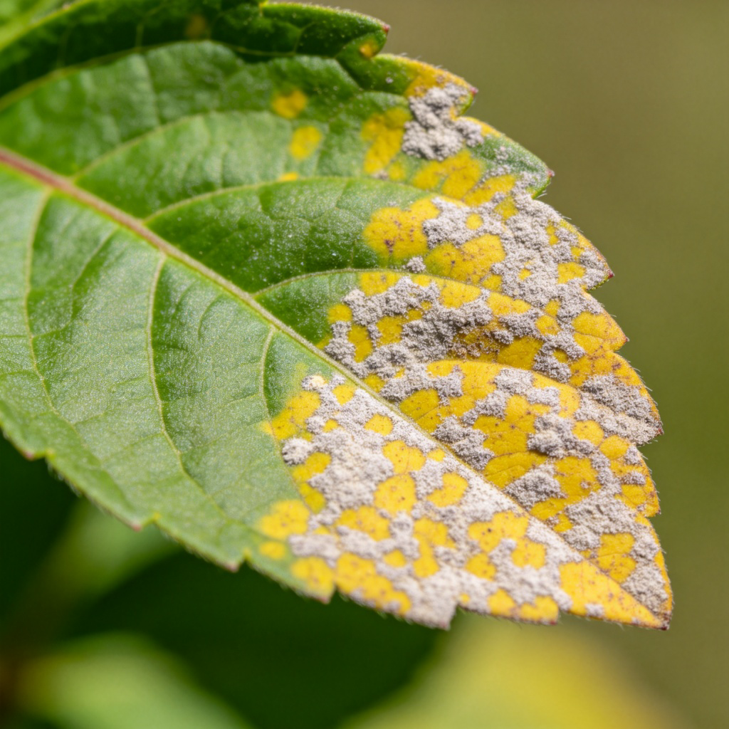 A detailed macro shot of a plant leaf with clear signs of disease. The leaf is partly green and partly covered with distinct yellow spots or powdery mildew, against a plain background. Sharp focus on the contrast between healthy and diseased parts. No text or tools in the image.