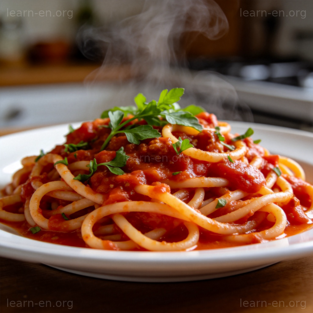 dish 含义图解：一盘热气腾腾的番茄意面菜肴