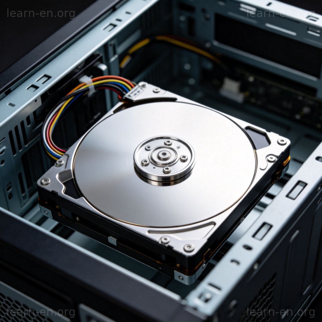 电脑硬盘内部结构图解，展示银色磁盘与数据线