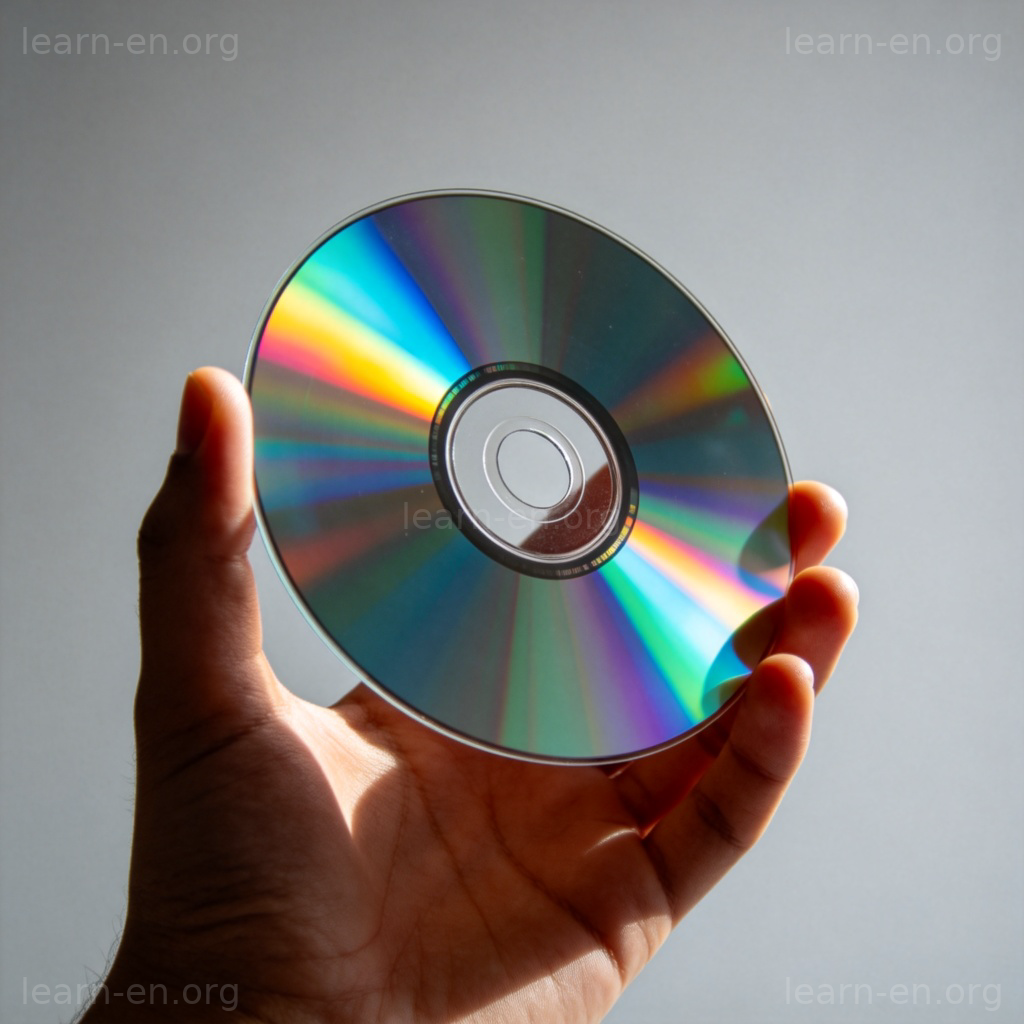 手持彩虹反光光盘示意图，展示圆形薄片形状