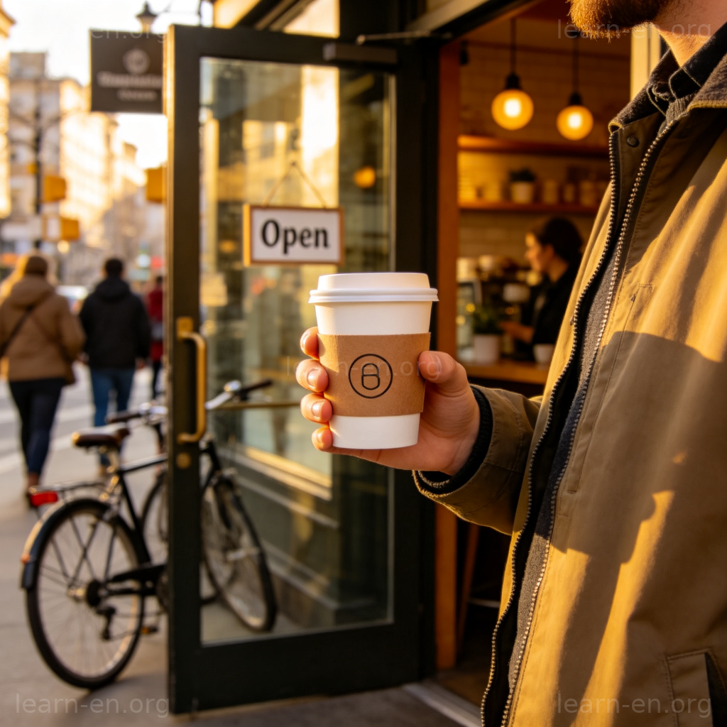 Person holding a white paper takeaway coffee cup with sleeve