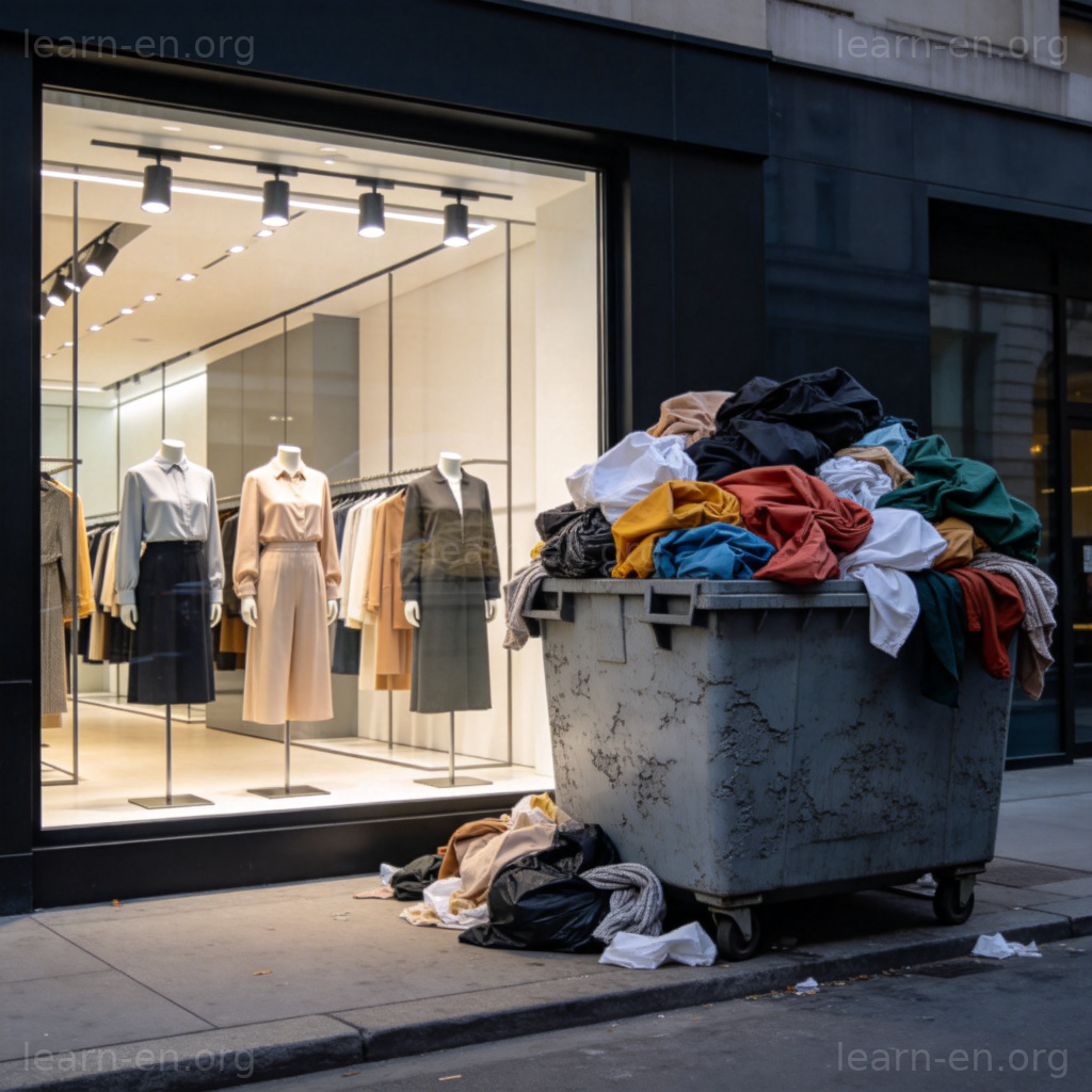 Bin full of discarded textiles near trendy shop window