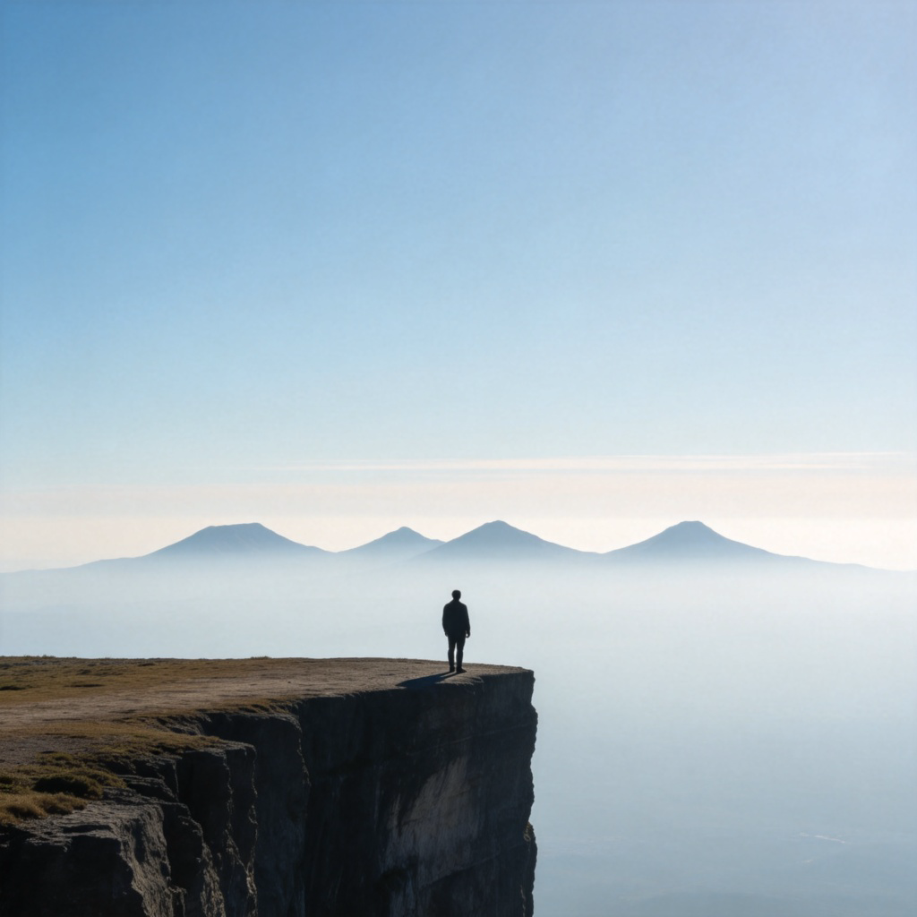 A person standing on a cliff edge, looking out towards a range of mountains on the horizon. The mountains appear small and hazy due to the great distance. Clear sky, simple composition with the person as a small silhouette in the foreground, emphasizing the vast space. Photorealistic style. No text.