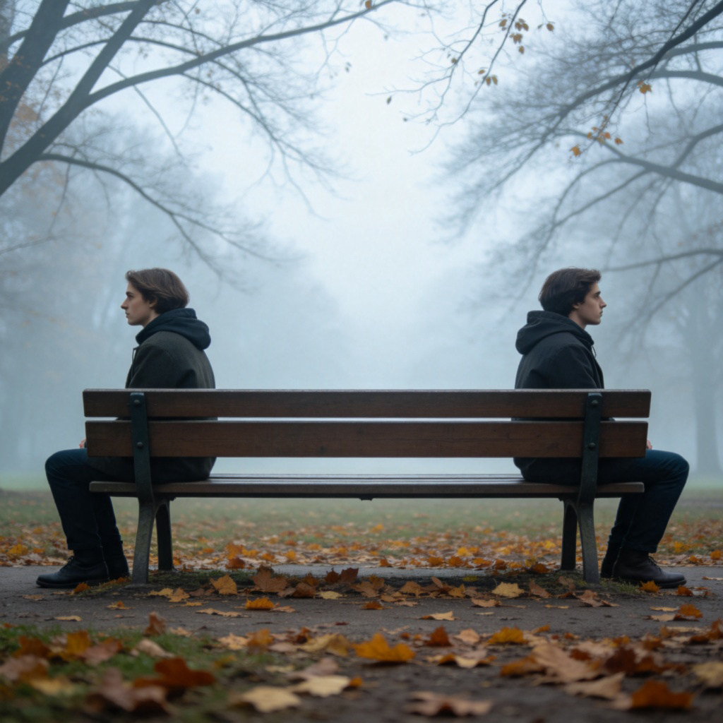 Two people sitting on opposite ends of a long park bench, both looking away in different directions and not interacting. The space between them is clearly visible. The atmosphere is cool and slightly melancholic, perhaps in autumn with fallen leaves. Simple, realistic style, focusing on the body language of distance. No text.