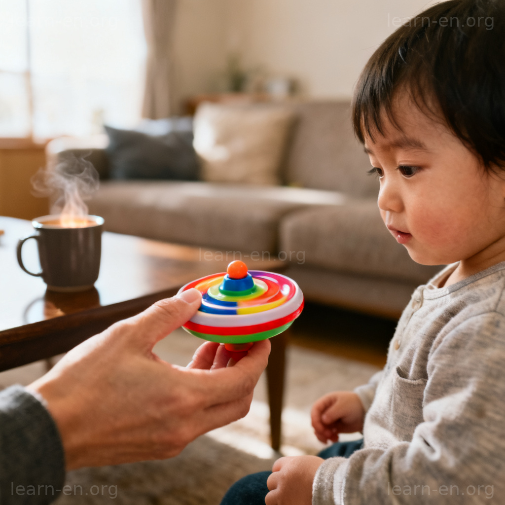 Distract example: parent using toy to distract child from hot mug