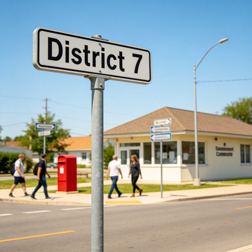 A clean, modern street with clear road signs. One signpost prominently shows the name of an election district, for example, "District 7." In the background, people are walking, and there is a mailbox or a small government building like a community center. The image should feel orderly and administrative, shot on a sunny day with sharp focus on the district sign.
