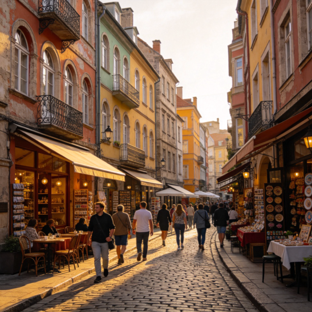 A vibrant, charming street scene in a historic part of a city. The street is narrow and cobblestoned, lined with colorful old buildings that house cafes, boutiques, and souvenir shops. Tourists and locals are walking leisurely. The atmosphere is cultural and tourist-friendly, captured in warm afternoon light, focusing on the unique architectural style of the area.