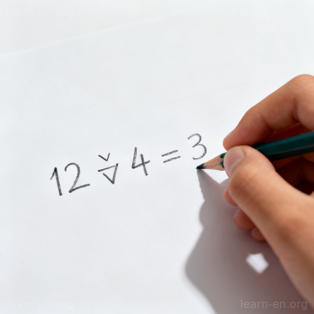 Divisional arithmetic shown by a hand solving a simple division problem on paper.
