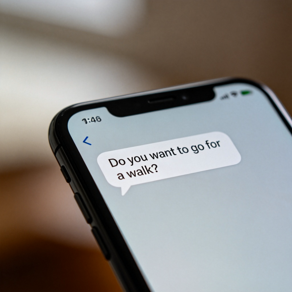 A close-up of a smartphone screen showing a messaging app. A speech bubble contains the text 'Do you want to go for a walk?' with a question mark. The background is blurred, focusing entirely on the question in the bubble. No logos.