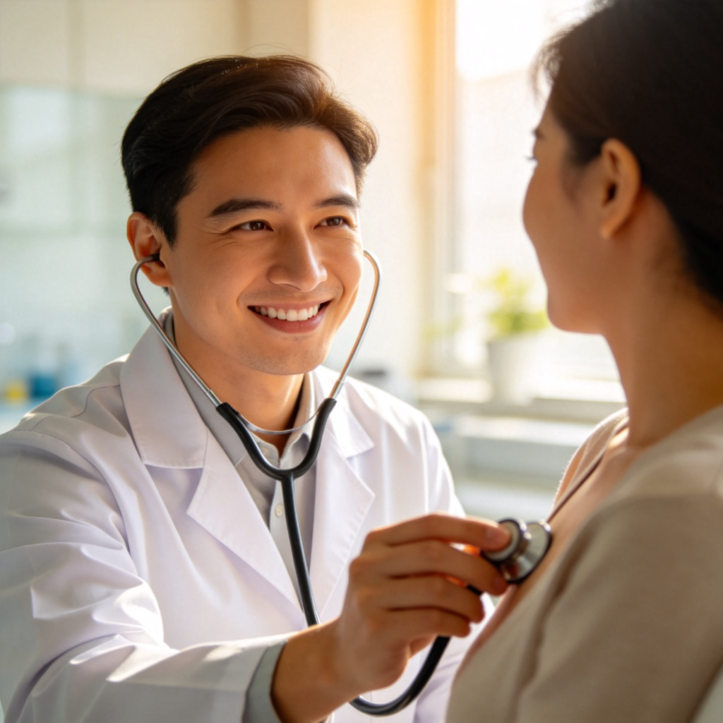 A friendly-looking doctor in a clean white coat, using a stethoscope to listen to a patient's heartbeat in a well-lit clinic. The doctor is smiling reassuringly. The patient is sitting relaxed on the examination bed. Natural lighting, soft focus on the doctor's face and the stethoscope. No text.