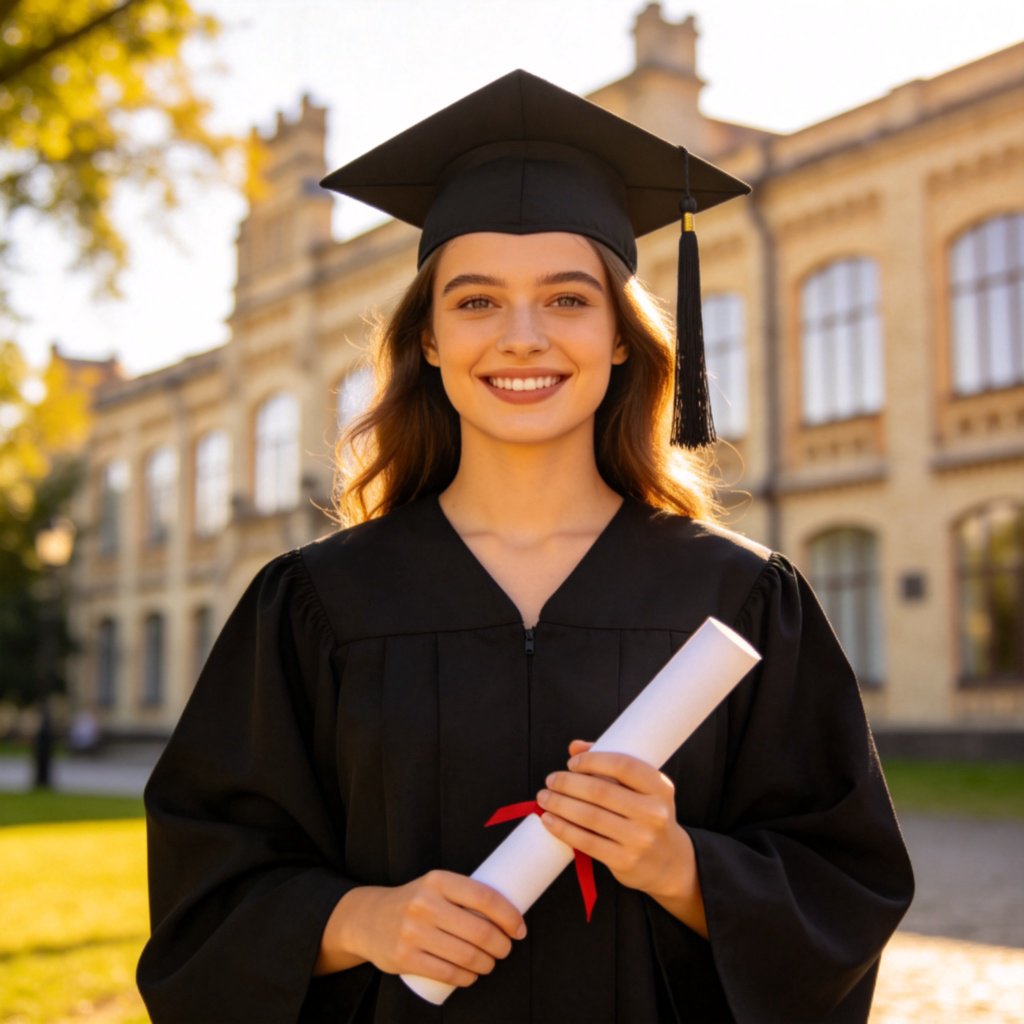 A person wearing a traditional black academic graduation gown and a square mortarboard cap with a tassel, holding a rolled-up diploma in their hands, standing in front of a university building. They are smiling confidently. Sharp focus on the graduation cap and gown. Sunny day. No text.