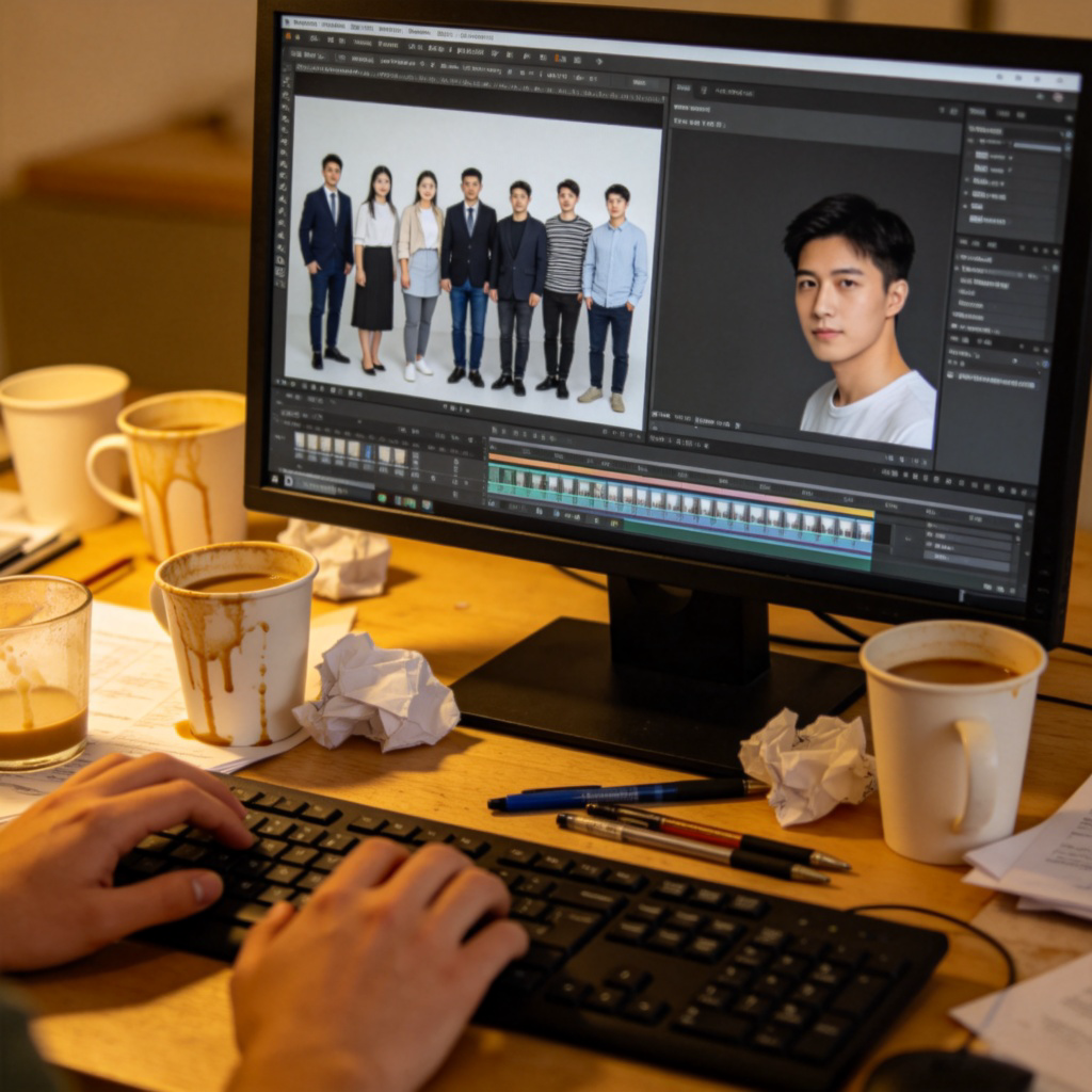 A close-up of a person's hands using photo editing software on a computer screen. On the screen, a digital photo is being altered - for example, a person is being removed from a group photo. The desktop is messy with coffee cups. Focus is on the computer screen showing the 'before and after' layers of the photo edit. No text.