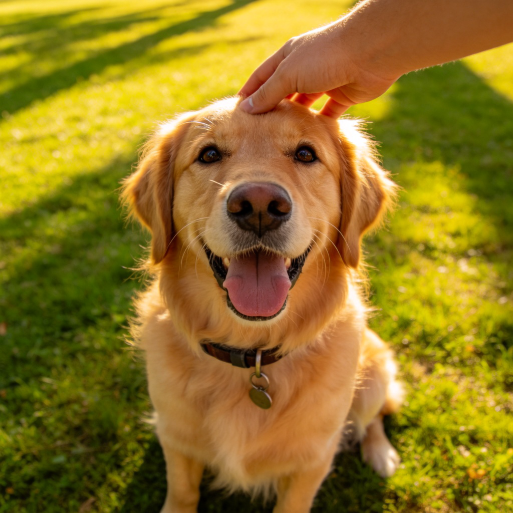 A healthy, happy-looking golden retriever dog sitting on green grass in a sunny park, looking up at the camera with its tongue out. It has a collar on. A person’s hand is reaching into the frame to pet its head. Focus on the friendly expression of the dog. No text or logos.