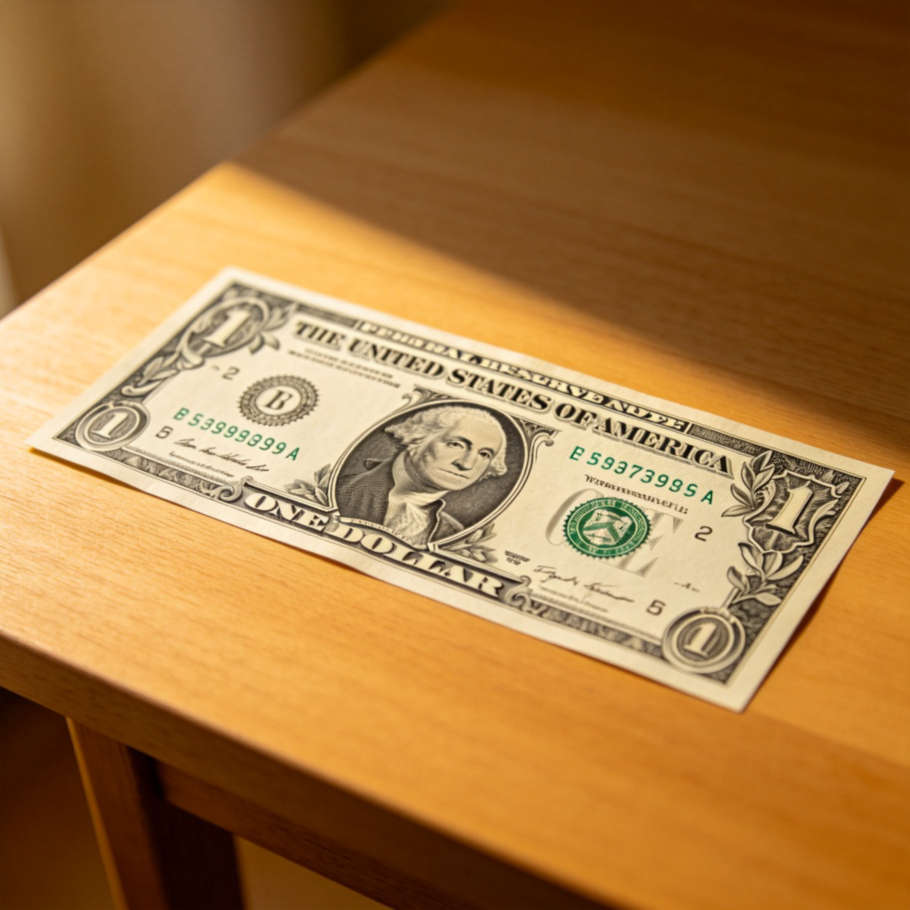 A detailed, realistic close-up of a crisp US one-dollar bill lying flat on a plain wooden table. George Washington's portrait is clearly visible, with natural lighting highlighting the bill's texture and green color. No other objects, text, or logos in the scene.