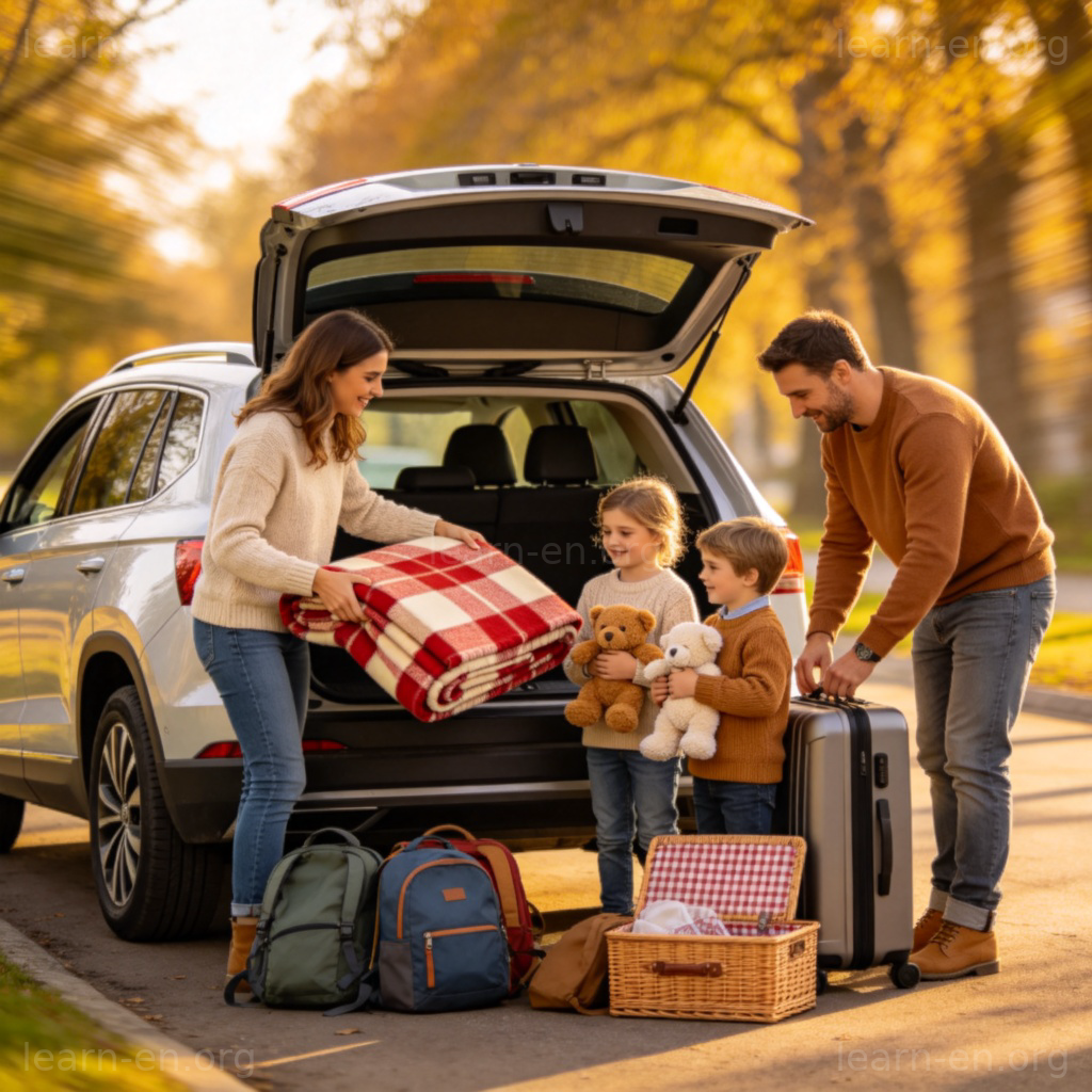 Don't forget the blanket 图解：家庭出游打包毯子的温馨场景