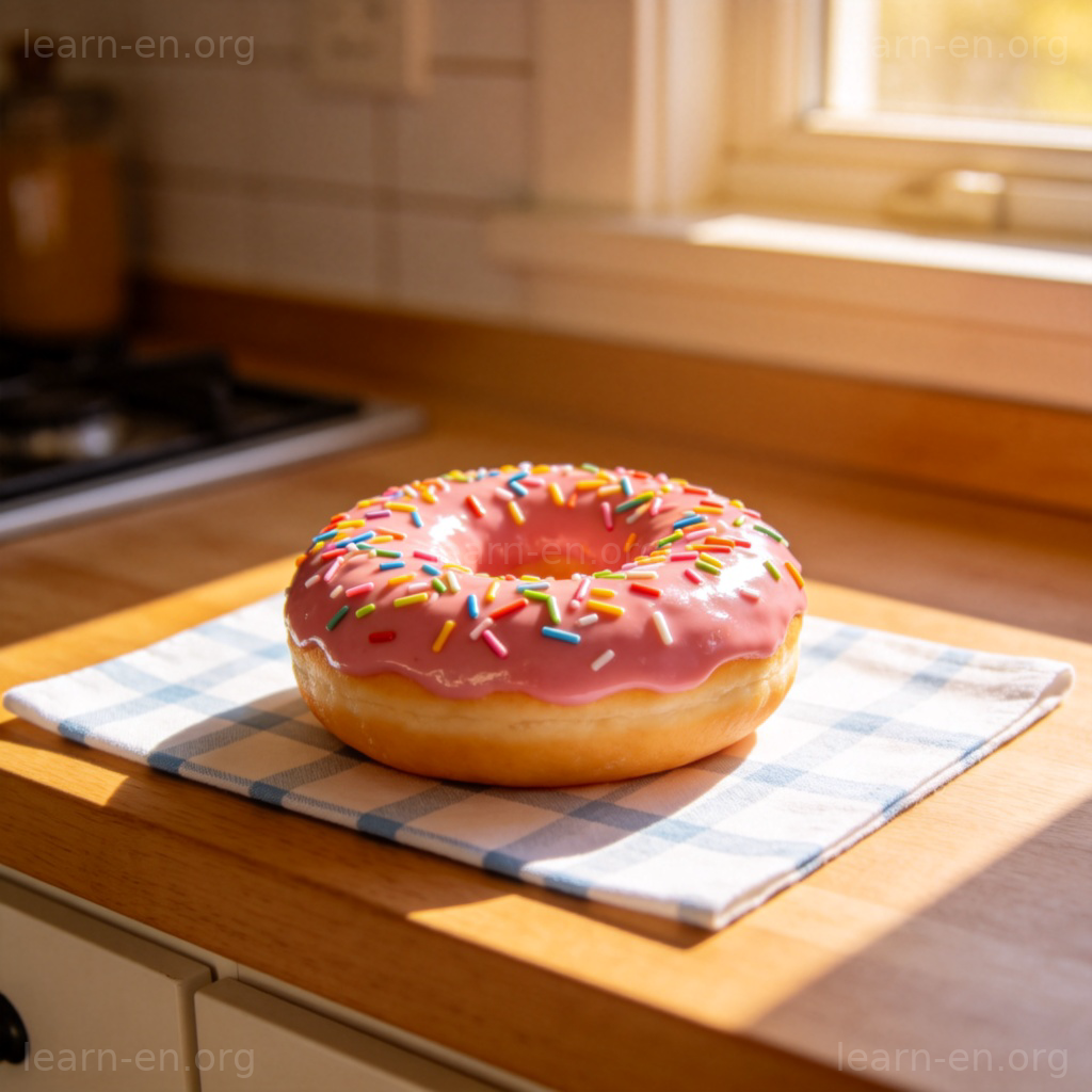 Donut glacé rose avec vermicelles sur serviette à carreaux