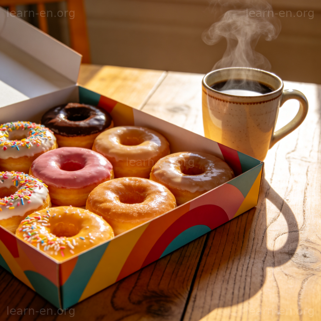 Donuts 甜甜圈图解：装有各色糖霜甜甜圈的盒子与咖啡