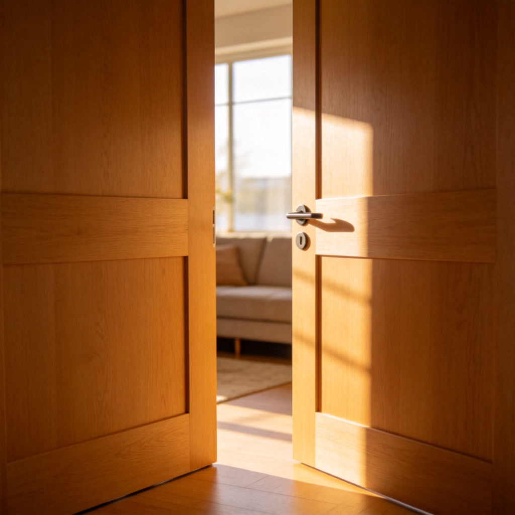 A modern wooden door, half-open, showing a cozy living room inside with a sofa. Sunlight streams through from inside. The door handle is clearly visible. Realistic photograph style, clean and simple background, focus on the door and the inviting interior glimpse.