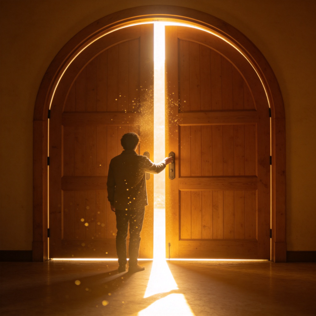 A person standing in front of a large, arched wooden door that is slightly ajar, with bright, golden light shining through the crack onto the floor. The person's hand is reaching towards the door handle, symbolizing opportunity. Cinematic lighting, inspirational mood. No text on the door.