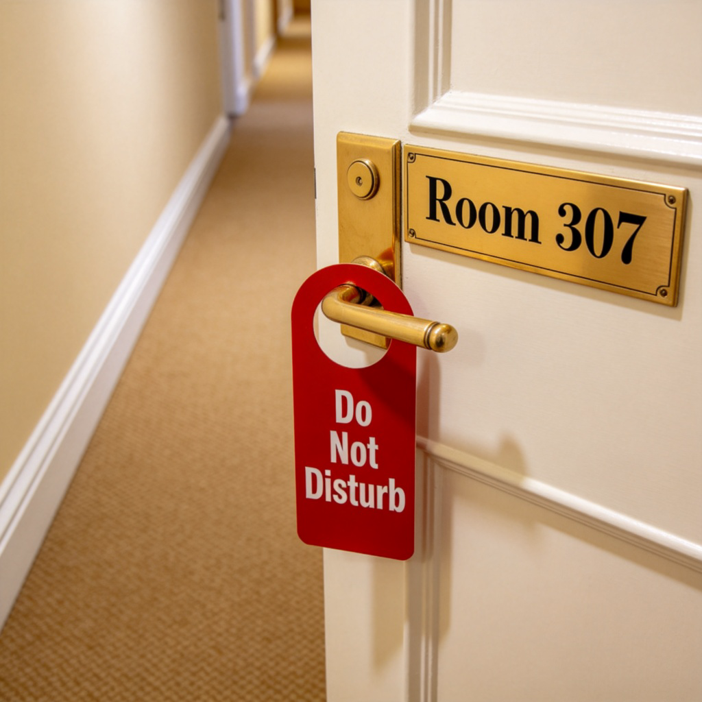 A close-up view of a numbered hotel room door (e.g., Room 307) from a guest's perspective. A ‘Do Not Disturb’ sign hangs on the handle. The carpeted hallway is visible. Clean, realistic hotel environment. Focus on the door number and the sign.