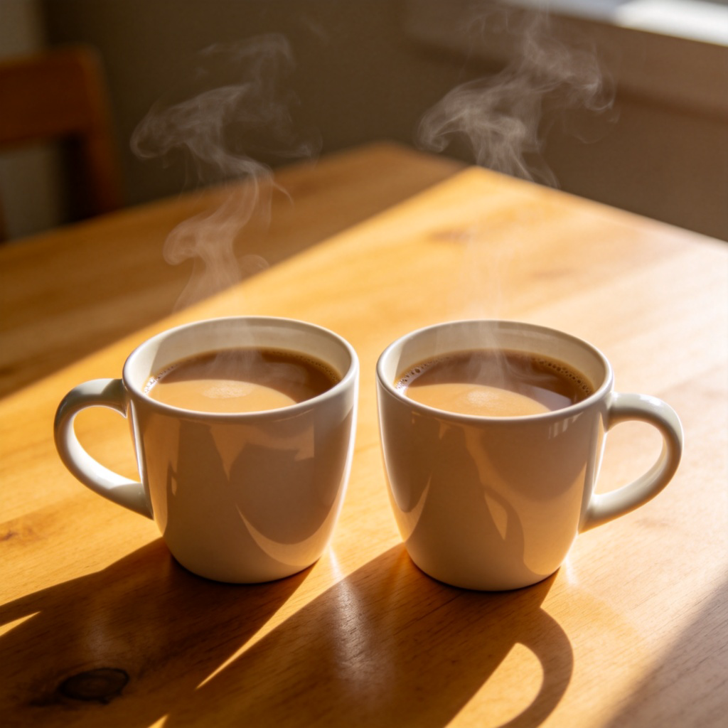 Two identical cups of coffee on a wooden table, steam rising from both. The cups are side by side, perfectly matching in size, color, and amount of coffee. Clean background, morning sunlight. No text or logos.