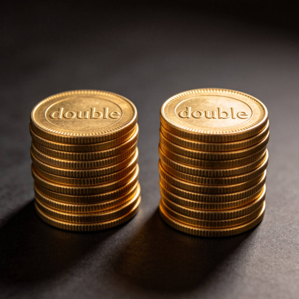 Two identical, large piles of golden coins side by side on a dark surface. The pile on the right is exactly the same height and width as the pile on the left, clearly showing ‘double’ the amount. Sharp focus on the coins, soft overhead lighting.