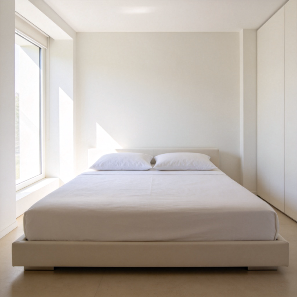 A neatly made double bed in a modern bedroom, with two pillows placed side by side at the head. The bed is clearly wider than a single bed, emphasizing it's for two people. Bright room with simple decor, no people in the frame.
