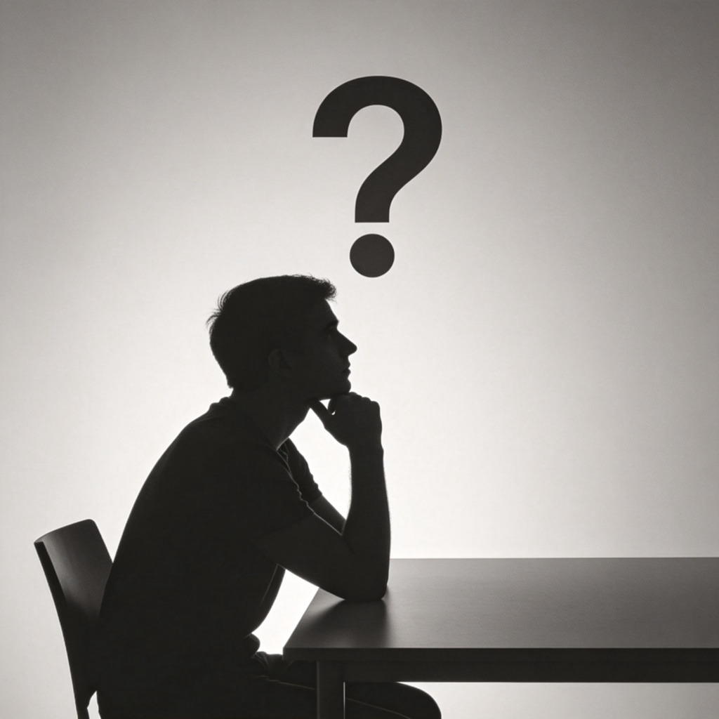 A silhouette of a person sitting at a table, holding their chin thoughtfully, with a large question mark floating above their head. The scene is simple, with a calm, focused atmosphere. No text or other symbols.
