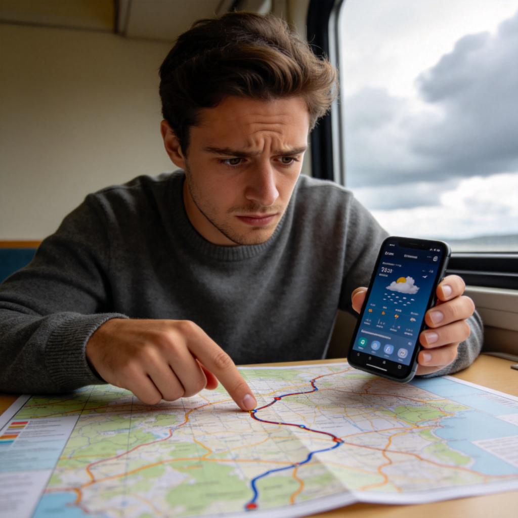 A person looking at a detailed map and a weather forecast app on their phone, with a slightly worried expression. They are pointing at a route on the map and looking at the cloudy sky outside the window. Neutral background, focus on the person's indecisive action.