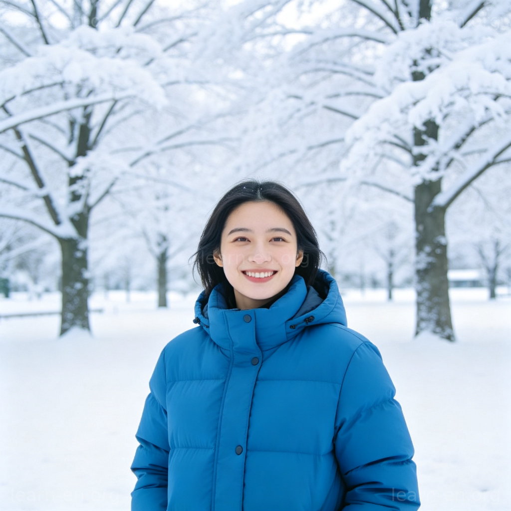 Down Jacket 羽绒服图解：人物在雪地公园穿着蓝色蓬松羽绒服