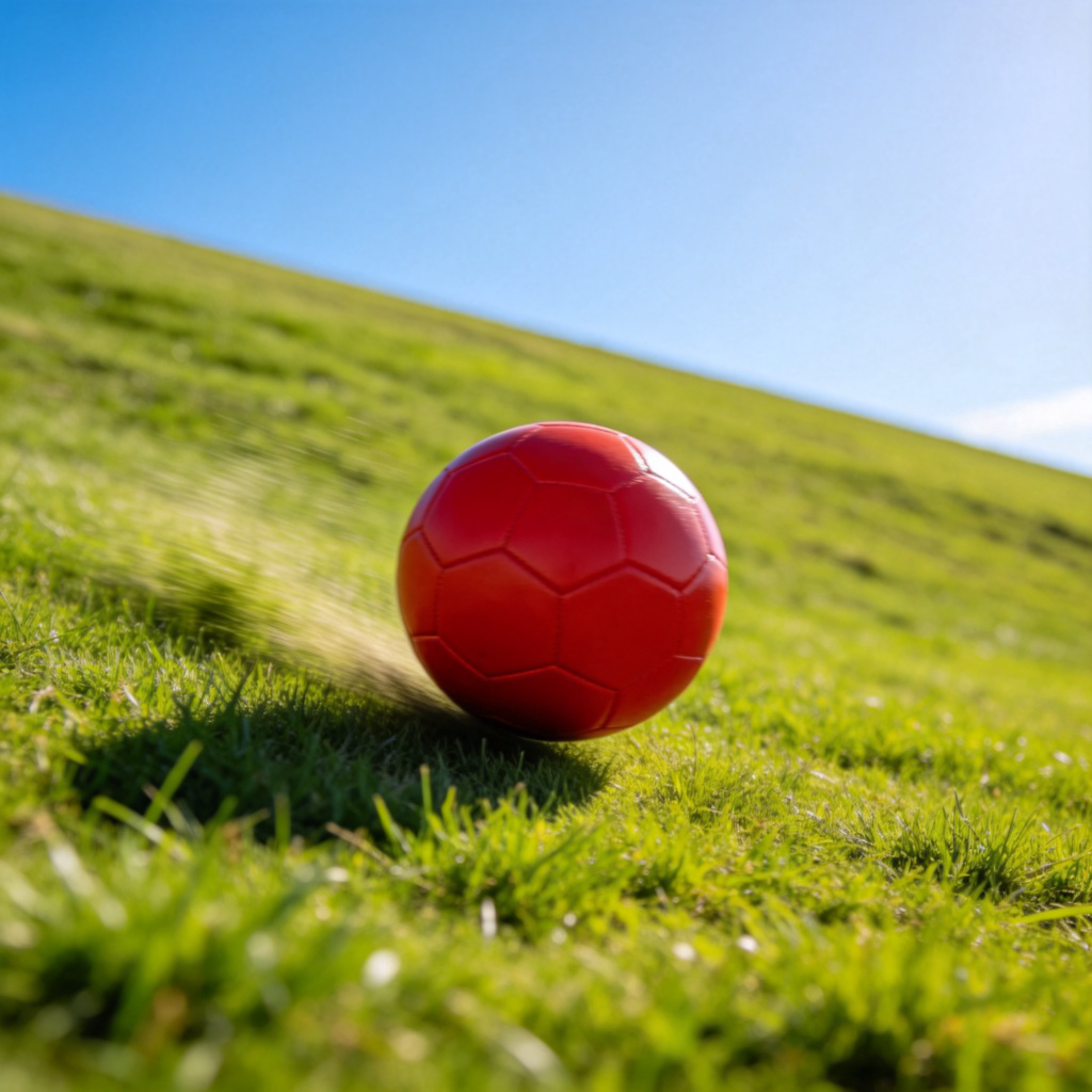 A bright red soccer ball rolling down a gentle green grassy slope. The ball is in clear focus mid-roll, showing motion blur on the grass behind it. Blue sky in the background. No people or text.