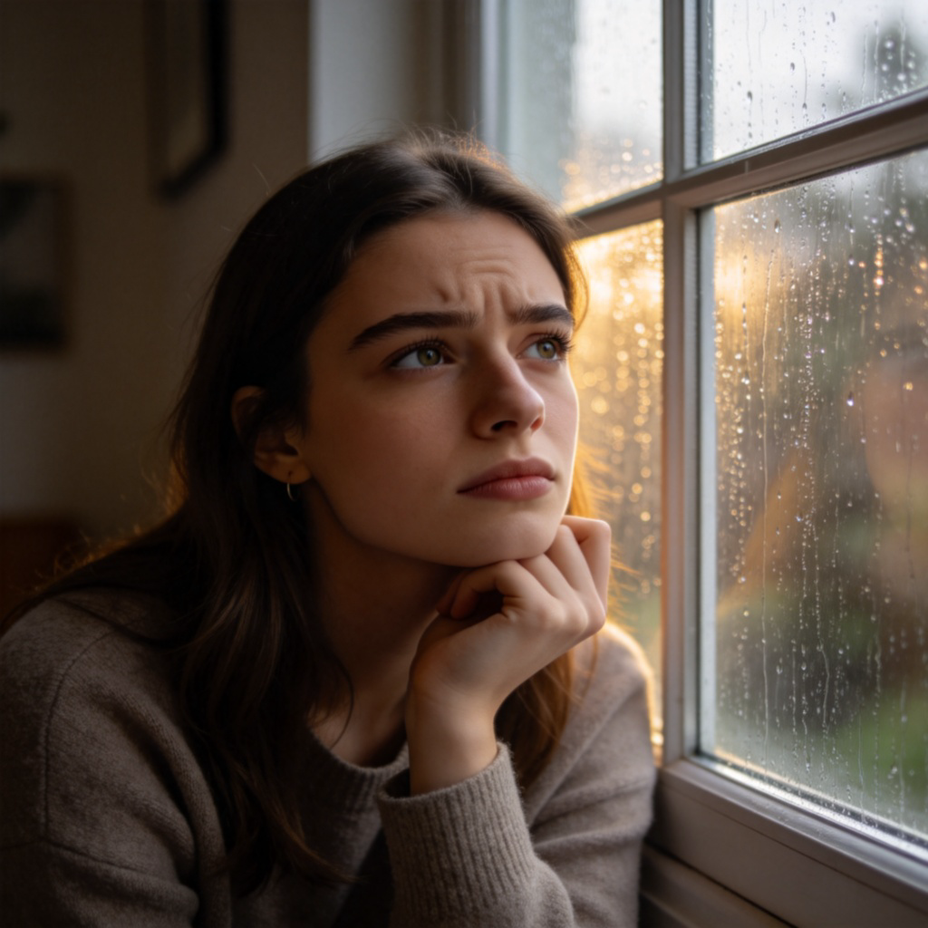 A young woman sitting by a window on a rainy day, resting her chin on her hand and looking thoughtful with a slight frown. Soft, natural light from the window illuminates her face and the raindrops on the glass. Simple, cozy room interior.