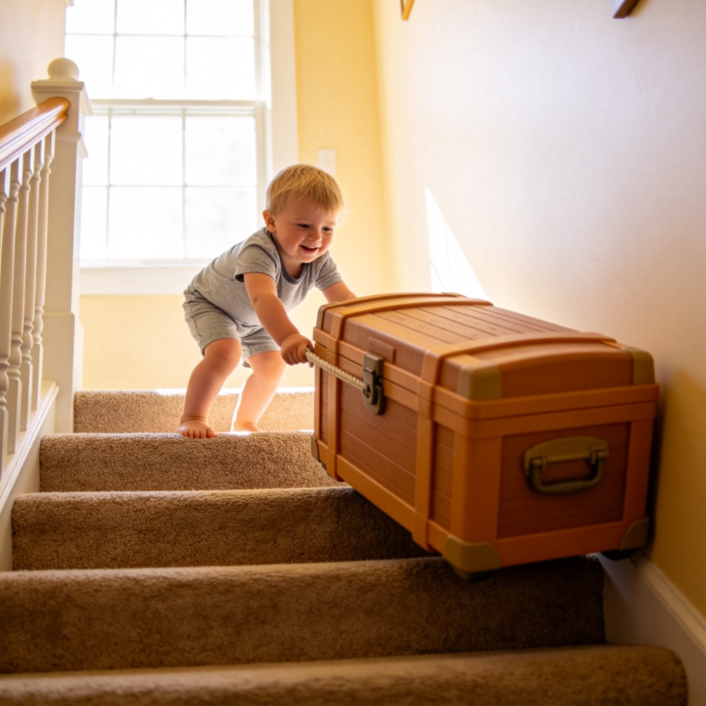 drag 含义图解：小孩费力拖拉沉重玩具箱上楼梯