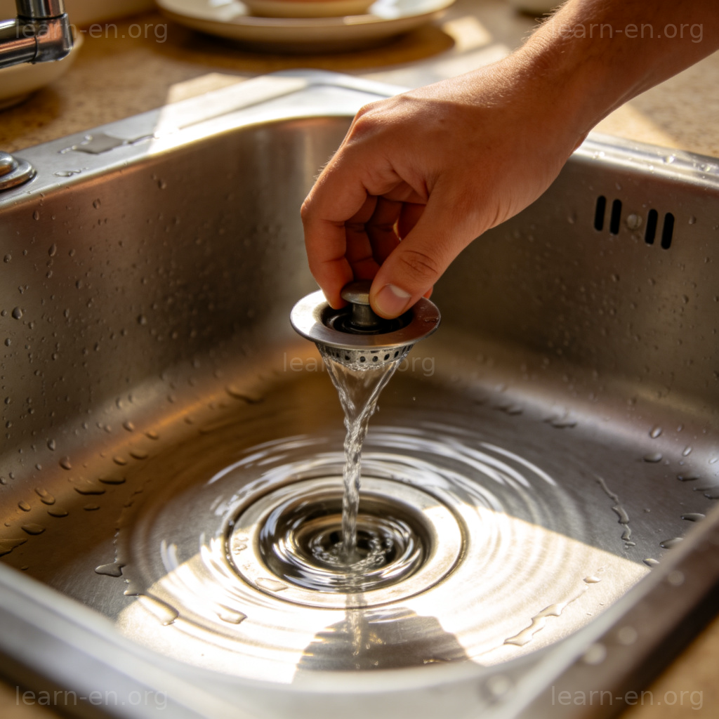 drain 排空含义图解：手拔下水槽塞子，水流入排水管