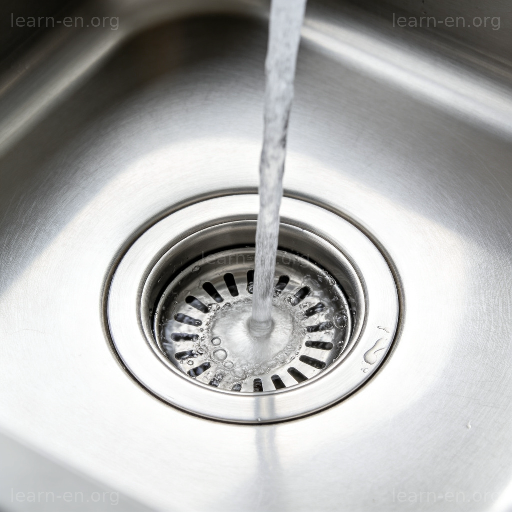 drain 排水管名词图解：不锈钢水槽近景，水流向银色管道