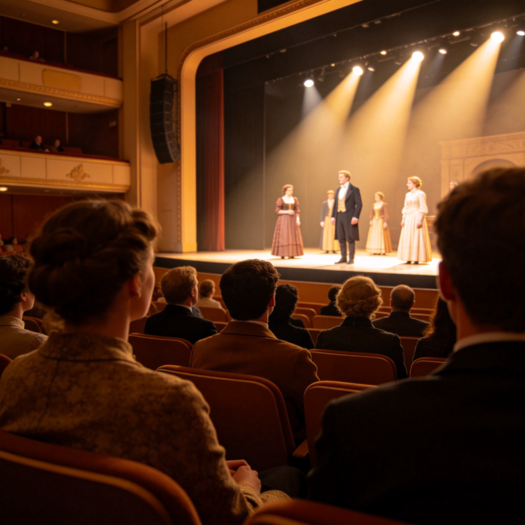 A group of people sitting in a modern theater, watching a stage play. The actors are in period costumes under bright stage lights. The audience is focused and engaged. Realistic style, warm theater lighting, focus on the stage performance. No text.