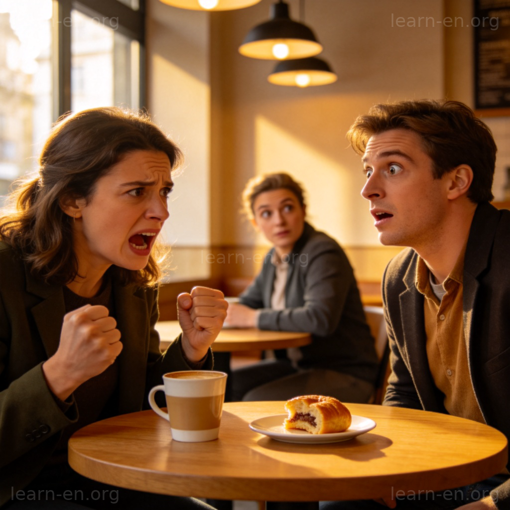 Two people having an animated, emotional conversation at a cafe table. One looks upset, gesturing with hands, the other looks surprised. In the background, another customer is glancing over with curiosity. Natural lighting, realistic style, focus on the emotional interaction. No text.