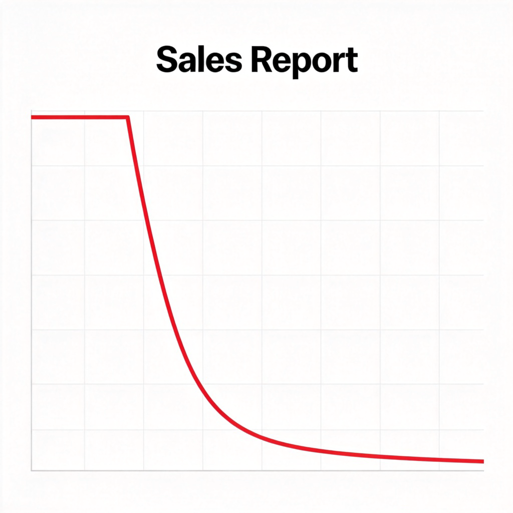 A simple line graph on a white background, showing a red line that starts high on the left and then makes a very steep, almost vertical drop towards the right side. The title at the top says "Sales Report". No numbers or text on the graph itself, just a dramatic visual of a sharp decline. Clean, modern infographic style.