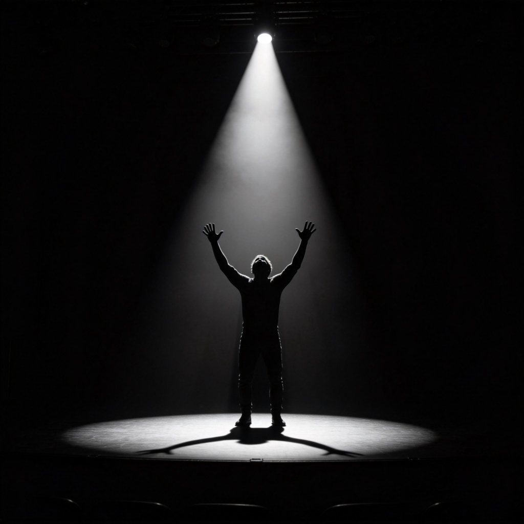 A figure silhouetted on a theater stage, arms raised high in a triumphant or shocked gesture. A single bright spotlight shines down on them from above, creating stark shadows. The rest of the stage is in deep darkness, emphasizing the dramatic moment.