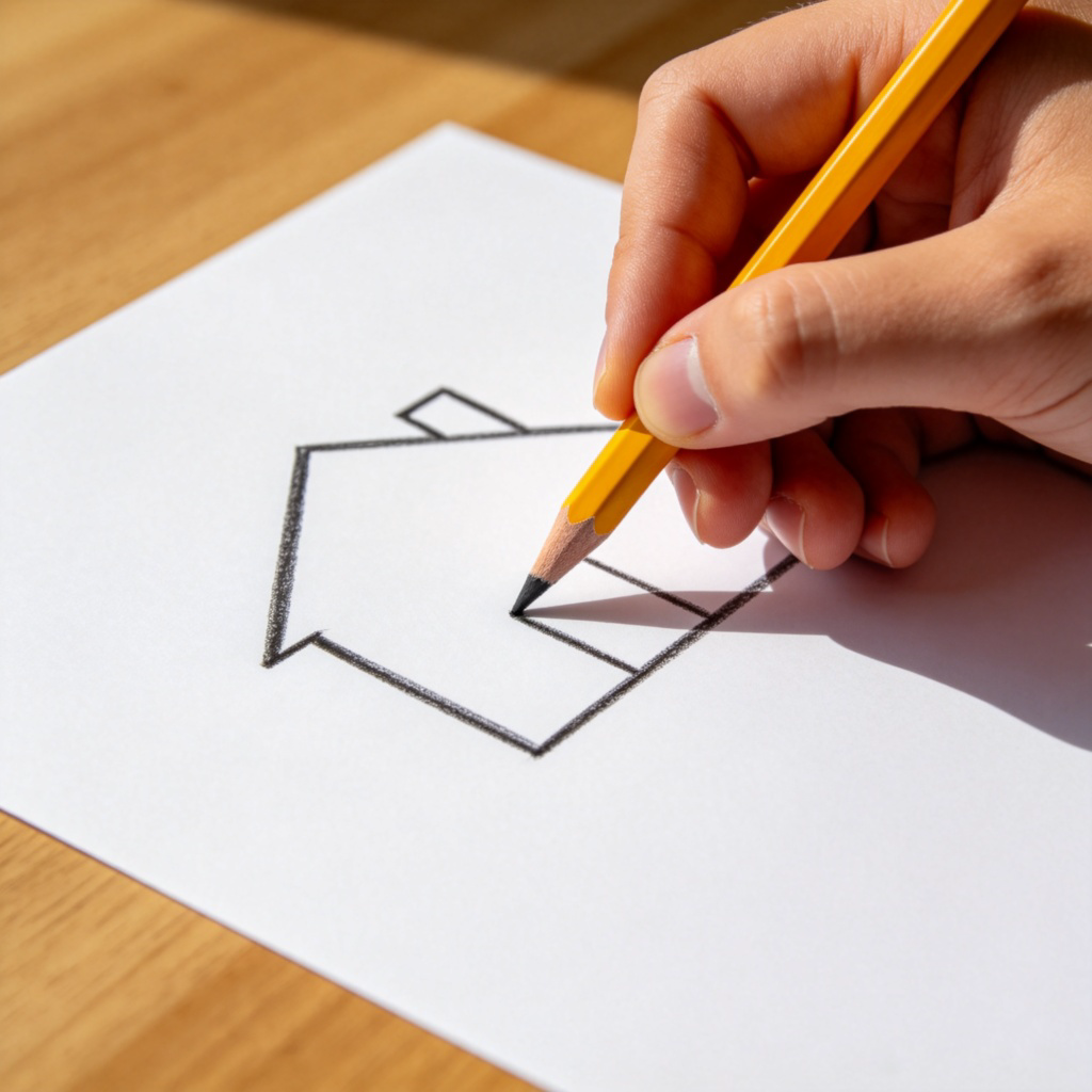 A close-up shot of a person's hand holding a yellow pencil, drawing the outline of a simple house on a white sheet of paper. The pencil tip is visibly creating a dark line. The background is a clean wooden table. Natural daylight, sharp focus on the pencil and paper.