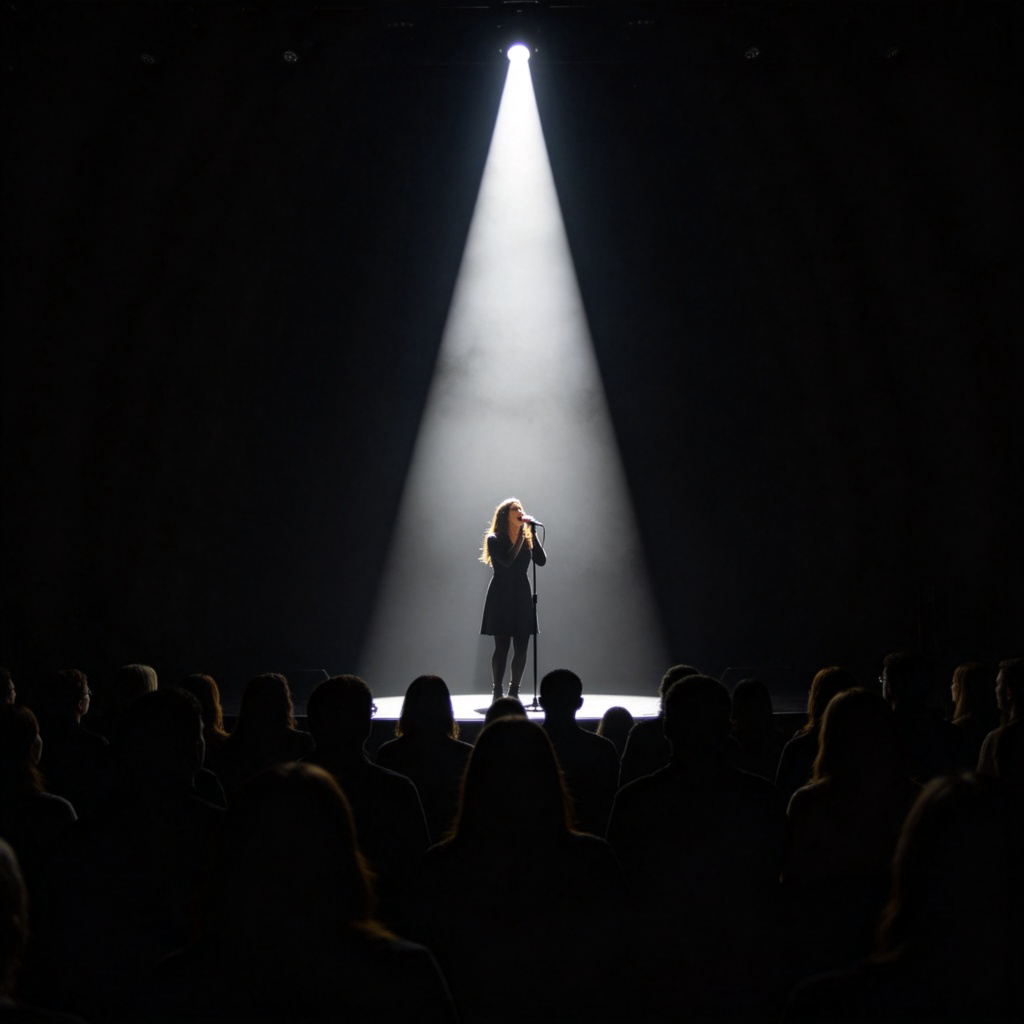 A single bright spotlight shines on a singer in the center of a dark stage, drawing all eyes towards her. The audience in the shadows is looking at her. The singer is performing passionately. Stage lighting effect, focus on the contrast between light and dark.