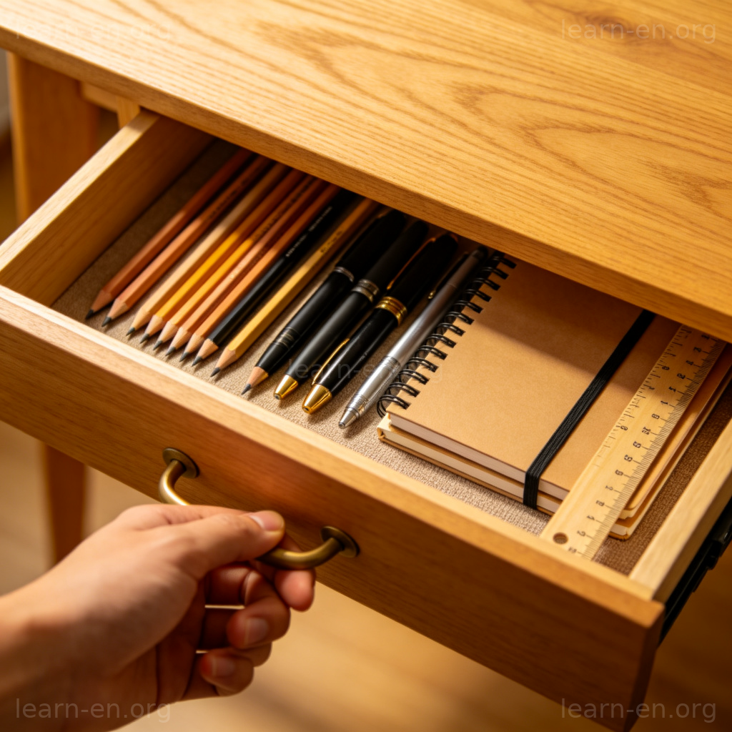 drawer 抽屉图解：一只手正在拉开装满文具的木质书桌抽屉
