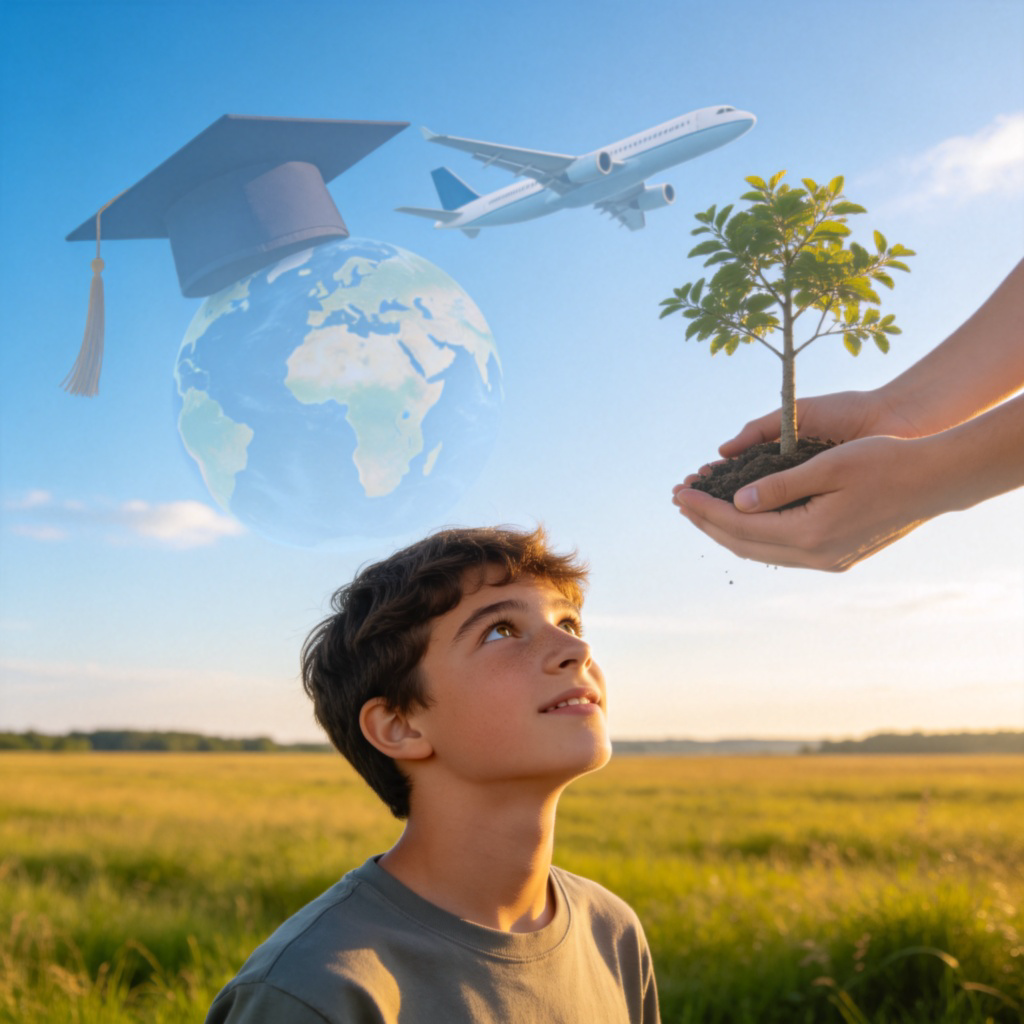 A young person looking up at a clear blue sky with a hopeful expression, eyes sparkling. Superimposed in the sky, like a faint mirage, is a montage of positive future scenes: a graduation cap, an airplane flying over a globe, and hands planting a tree. The person is standing in a simple, open field. Bright daylight. No text.